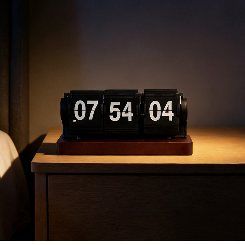 Home Decor Unique - Vintage houten bureauklok met 3-bladige flip-timer
