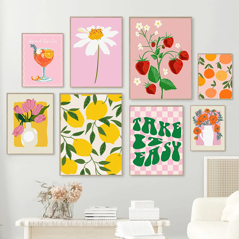 Geometric Wall Art - Kleurrijke Homecoming Citroen Aardbei Bloemenprint Canvas