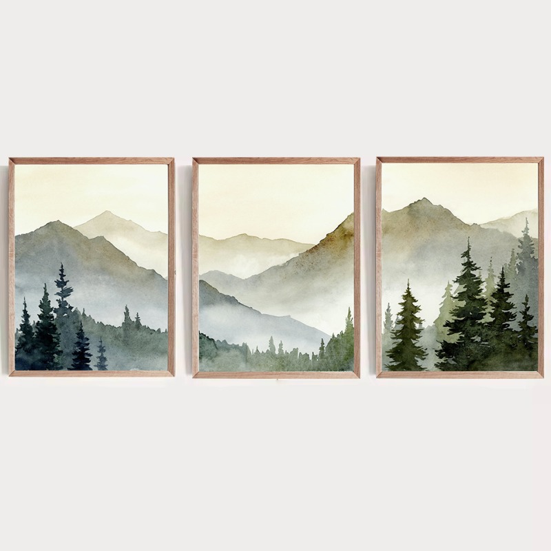 Geometric Wall Art - Zonsondergang Groene Berg Aquarel Poster Pijnboom
