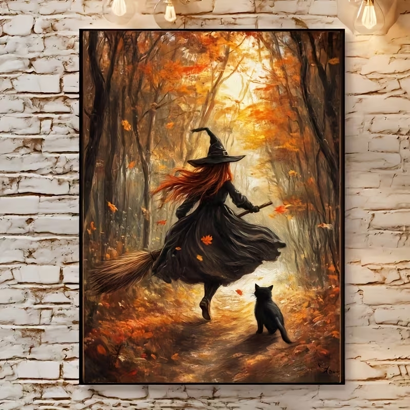 Home Decor Unique - Retro Halloween Herfst Heks Op Bezemsteel